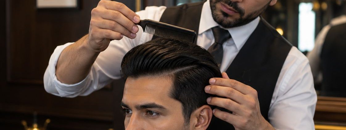 Barber styling and combing hair after a premium service