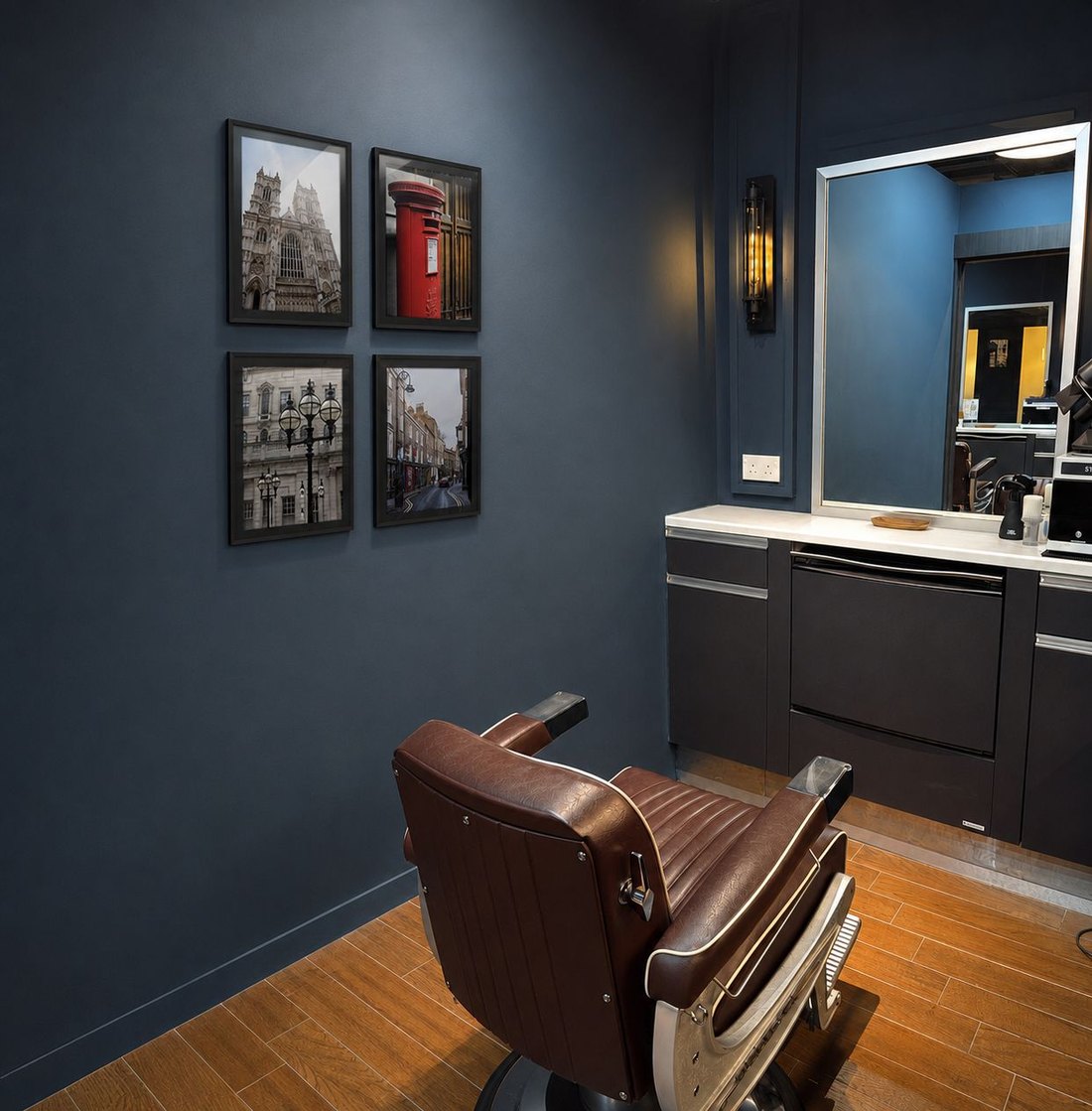 A private, enclosed styling room at Crowning Hair with a single barber chair